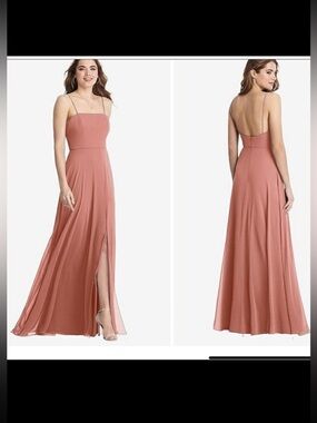 Lovely Square Neck Chiffon Maxi Dress W/Front Slit Desert Rose 10R